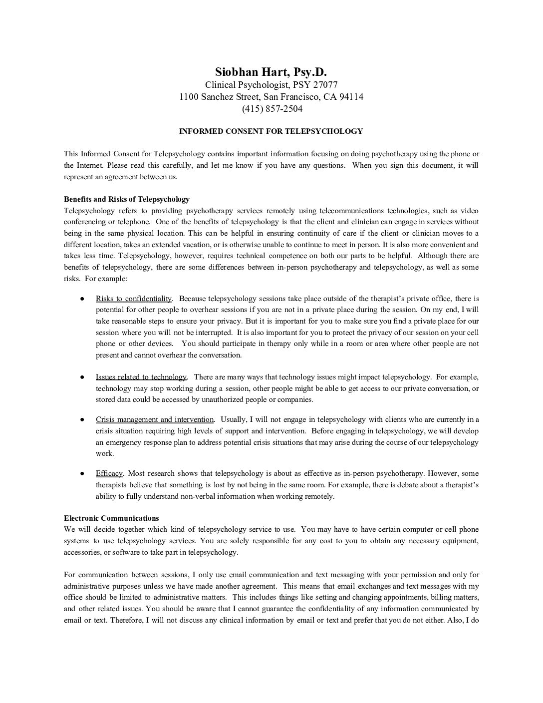 Telepsychology Consent Form - Siobhan Hart, PsyD, Licensed Clinical ...